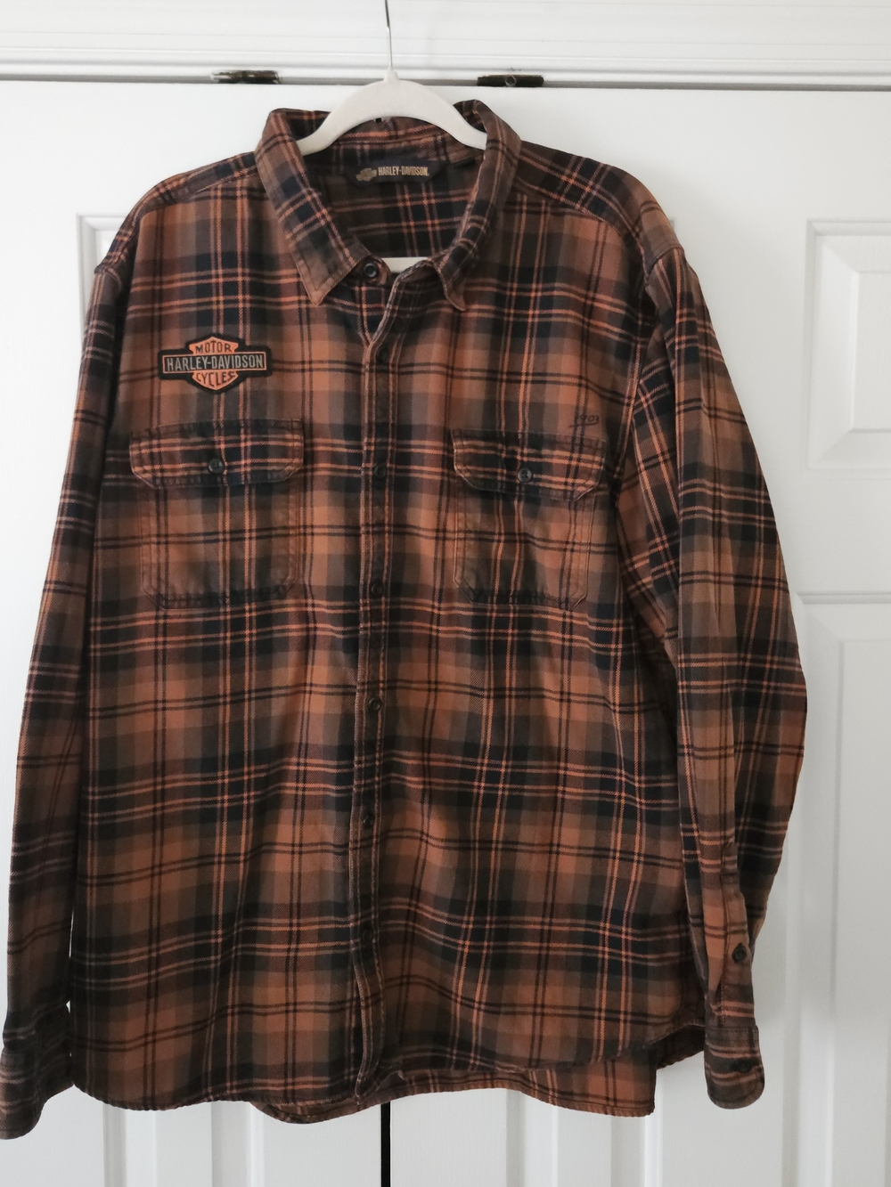 Harley-Davidson Men's 2XL Slim Brown/Black/Orange Plaid Flannel Button-Up